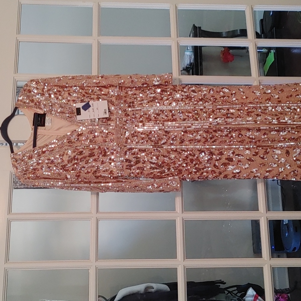 Mac Duggal Embellished Front Slit Long sleeve Rose Gold Gown Size 12.
